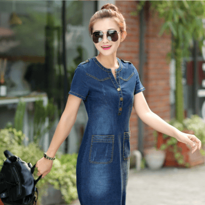 ĐẦM JEAN SUÔNG CỔ TRỤ VẠT BẦU - NJ276